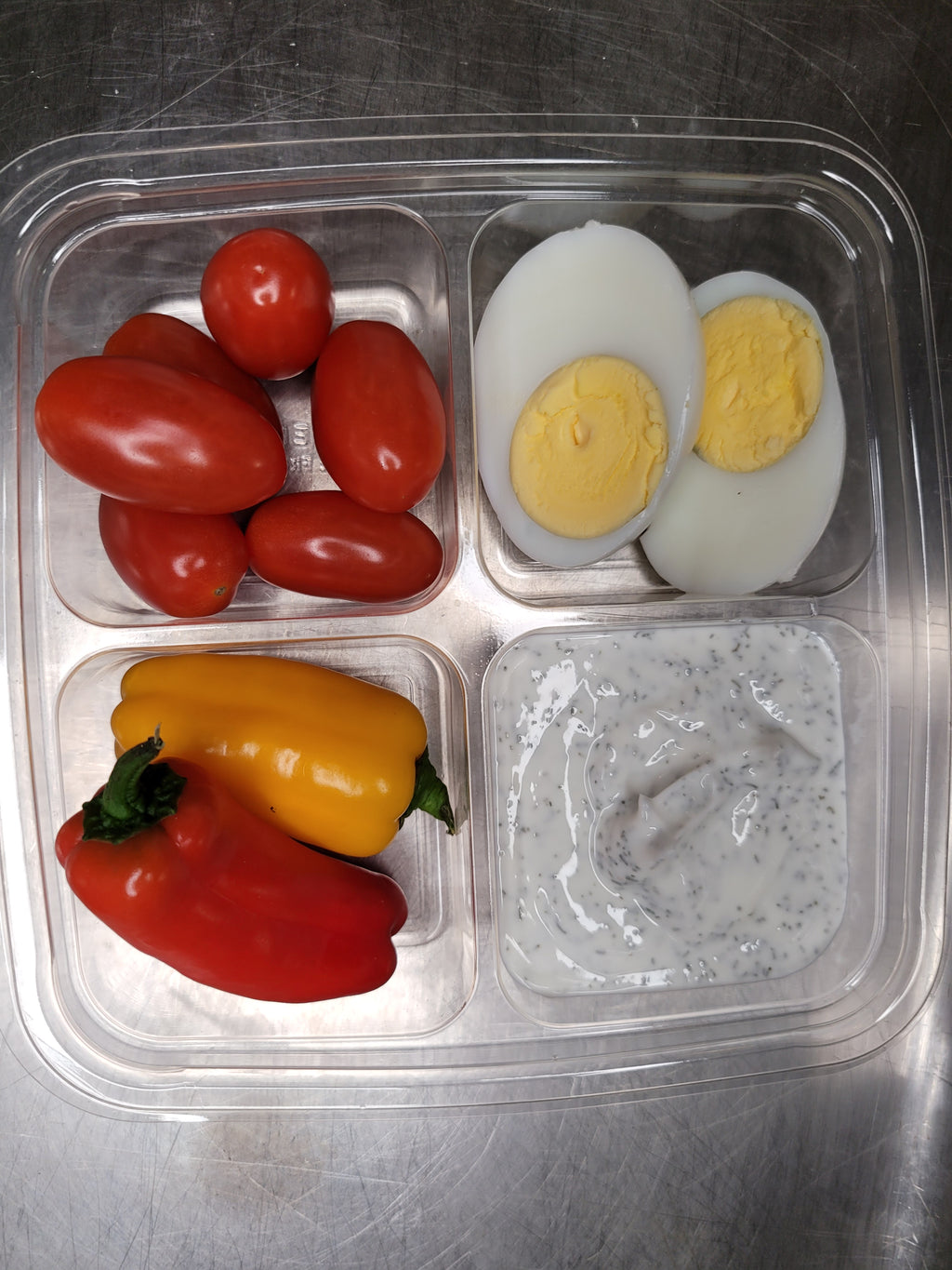 hard boiled egg, cherry tomatoes, peppers and dip  best meal delivery